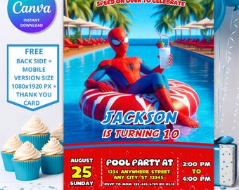 May include: A birthday party invitation featuring Spider-Man in a pool. The invitation includes the text "Jackson is turning 10" and party details. The design is red, blue, and white with palm trees in the background.
