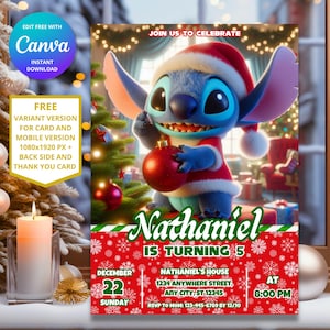 Faire-part d'anniversaire de Noël au point modifiable | Faire-part de Noël personnalisable Lilo and Stitch pour enfants | Téléchargement instantané et impression