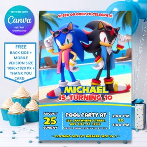 Ultimate Speed Sonic Shadow Pool Party Birthday Invitation | Sonic The Hedgehog Theme | Customizable Editable Digital Design