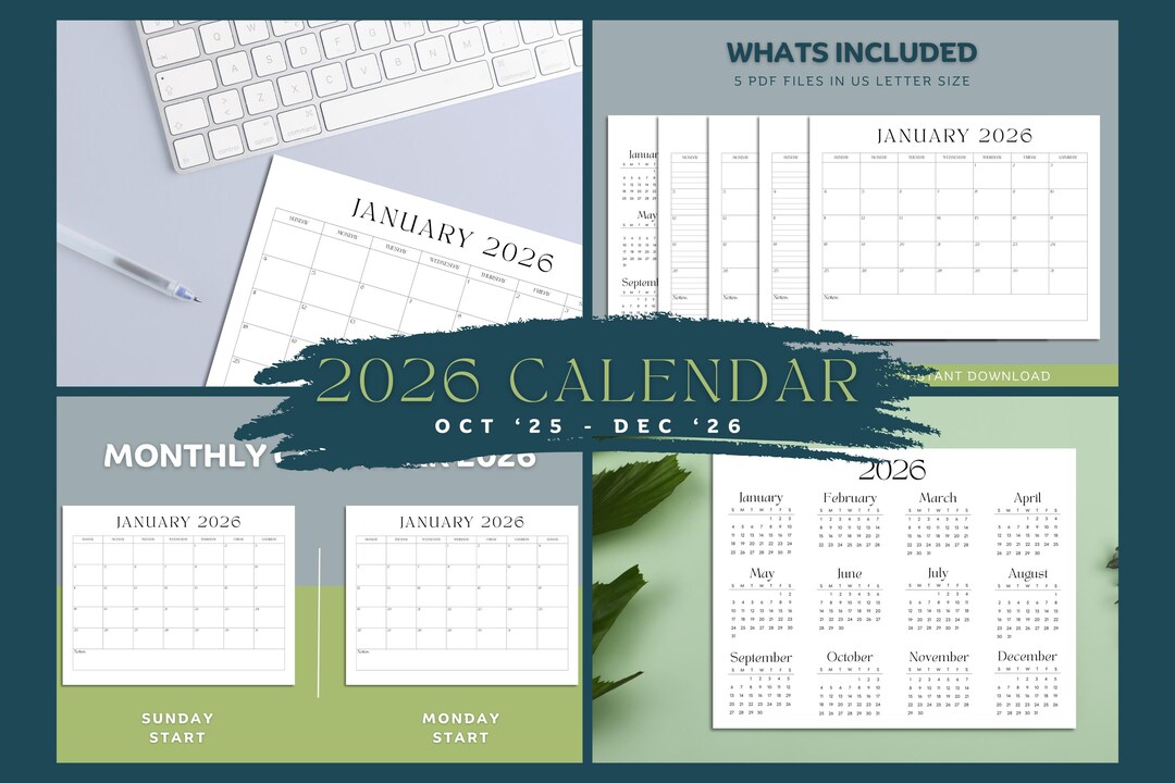 2026 Minimalist Calendar | Landscape | A4 + US Letter Size | Printable ...