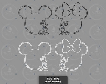 Disney Mickey Minnie Outline Bundle: Mickey Mouse Head Frame and Minnie Bow Design for Cricut, T Shirt, Sticker, Mug Cut File SVG and PNG