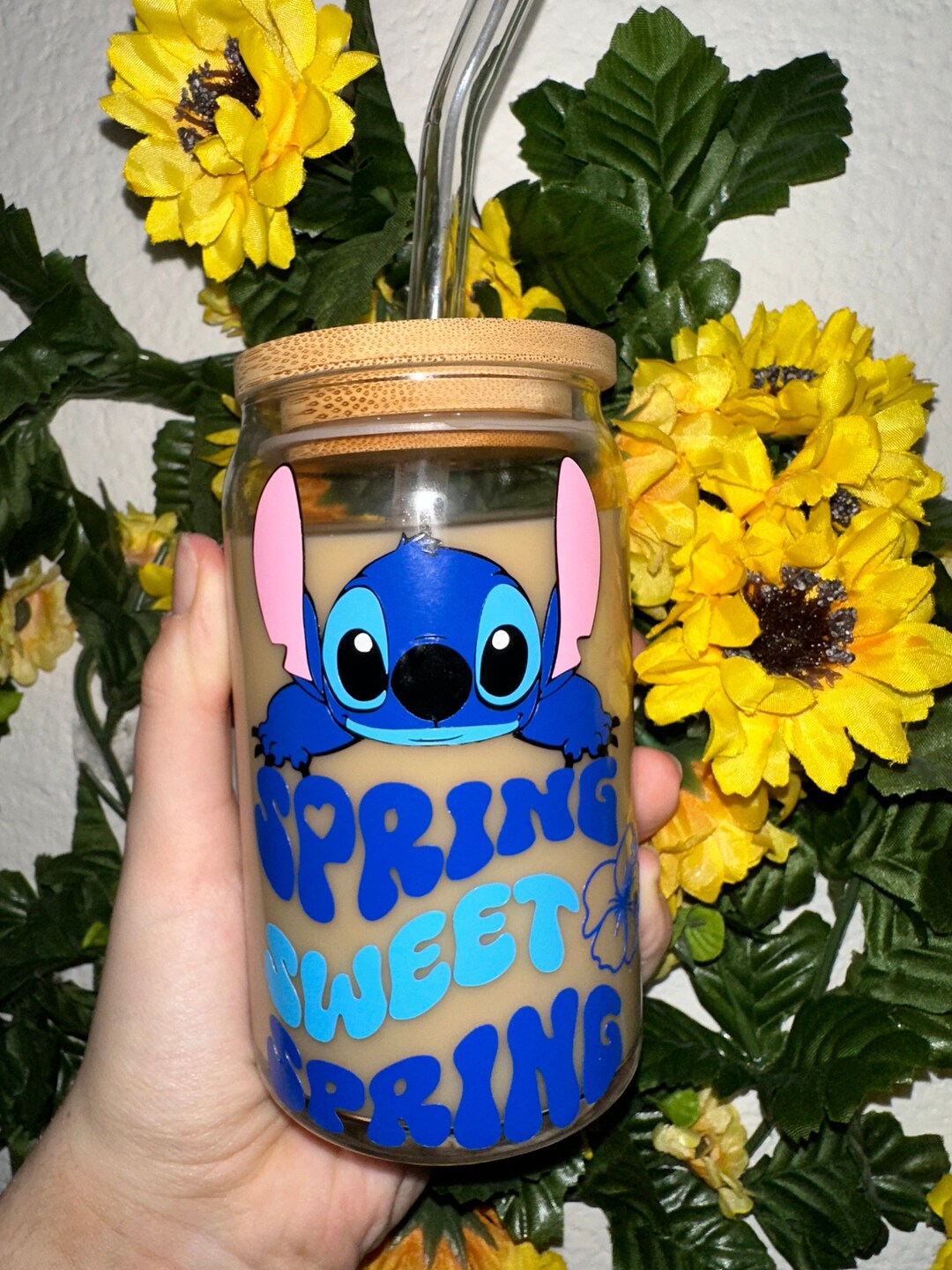 Stitch Spring Cup 16oz Libbey Glass Can Coffee Cup Lilo and Stitch Spring Cup Gift for Mom Gift