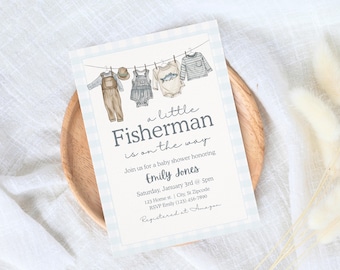 A little Fisherman Baby Shower Invitation Template, Fishing Baby Shower Invite, Little Fisherman Is On The Way, Editable Baby Shower Invite