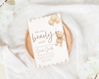 We Can Bearly Wait Baby Shower Invitation, Teddy Bear Baby Shower Invite, Gender Neutral Baby Shower Invitation, Baby Shower Template