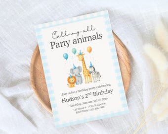 Calling All Party Animals Birthday Invitation Template, Zoo Birthday Party Invite, Editable Canva Invite, Boy Birthday Invite
