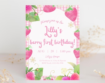Berry First Birthday Invitation, Berry First Birthday Template, Strawberry First Birthday Invite, First Birthday Invitation, Canva Template