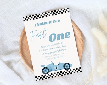 Fast One Birthday Invite, Race Car First Birthday Invitation Template, 1st Birthday Boy Invitation, One Year Old Birthday invite, Canva