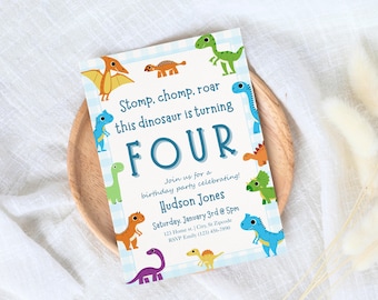 Dinosaur Birthday Invitation, Stomp Chomp Roar Invite, 4th Birthday Invitation, Boy Birthday Invitation Template, Canva Template