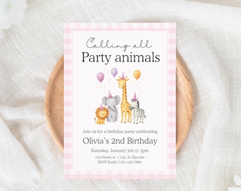 Calling All Party Animals Birthday Invitation Template, Zoo Birthday Party Invite, Editable Canva Invite, Girl Birthday Invite