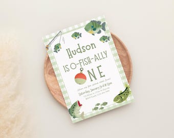 Ofishally One Birthday Invite, Fishing First Birthday Invitation Template, 1st Birthday Boy Invitation, One Year Old Birthday invite, Canva