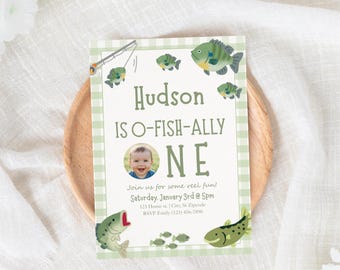 Ofishally One Birthday Invite, Fishing First Birthday Invitation Template, 1st Birthday Boy Invitation, One Year Old Birthday invite, Canva