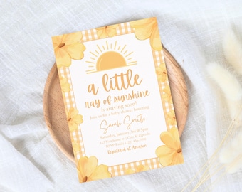 A Little Ray Of Sunshine Baby Shower Invitation Template, Floral Baby Shower Invite, Editable Baby Shower Invite, Summer Baby Shower Invite