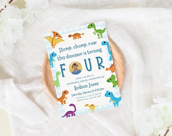 Dinosaur Birthday Invitation, Stomp Chomp Roar Invite, 4th Birthday Invitation, Boy Birthday Invitation Template, Canva Template