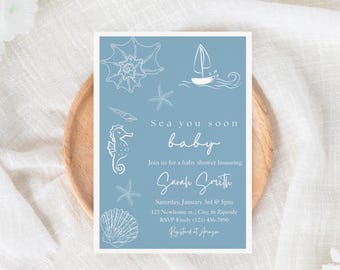 Sea You Soon Baby Shower Invite, Ocean Baby Shower invite, Beach Baby Shower Invitation, Baby Shower Invite Template, Summer Baby Shower