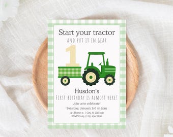 Tractor First Birthday Invite, Start Your Tractor And Put It In Gear Invite, First Birthday Invite, Boy First Year Birthday Invite, Canva