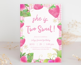 She Is Two Sweet Birthday Invitation, Girl Second Birthday, Two Sweet Second Birthday Invitation, Girl 2nd Birthday, Editable Canva Template