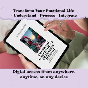 May include: A person holding a tablet displaying the cover of the "Emotional Integration & Liberation Journal." The journal cover features an image of a red figure under a red umbrella. Text on the tablet reads "Transform Your Emotional Life."