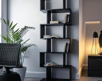 Librería — estantería alta moderna, estantes separadores de ambientes, unidad de pie