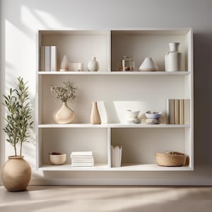 Peut inclure: Une étagère blanche à cinq niveaux, remplie d'objets décoratifs, dont des vases, des bols, des livres et un panier. Les étagères sont divisées en trois sections, la section du milieu étant plus large que les deux autres.