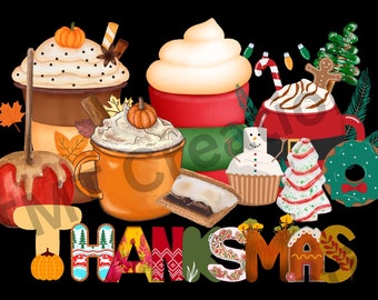 Könnte beinhalten: Eine Thanksgiving- und Weihnachts-Illustration mit einer Auswahl an festlichen Leckereien, darunter ein Karamelappfel, ein Pumpkin Spice Latte, heiße Schokolade, ein Lebkuchenmann, ein Schneemann, ein Donut und ein S'more. Der Text "Thanksmas" ist in der Mitte unten im Bild zu sehen.