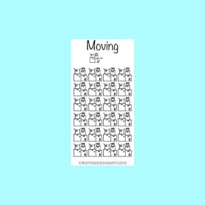 May include: A white sticker with the word "Moving" in black script at the top. The sticker is filled with small black and white illustrations of moving boxes. The bottom of the sticker has the text "CRISTINSDESIGNSTUDIO".
