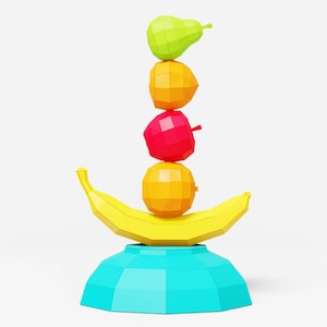 May include: A stack of colorful fruit, including a green pear, orange, red apple, and yellow orange, balanced on a yellow banana, which is sitting on a blue pedestal.