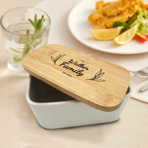 Personalized Butter Dish with Wooden Lid | unique kitchen gift for mom family holiday gift housewarming gift custom birthday idea newlywed