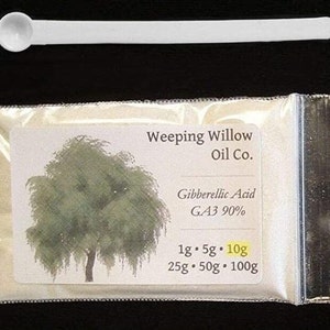 May include: A white resealable bag containing a white powder labeled "Weeping Willow Oil Co. Gibberellic Acid GA3 90%" with sizes 1g, 5g, 10g, 25g, 50g, and 100g.
