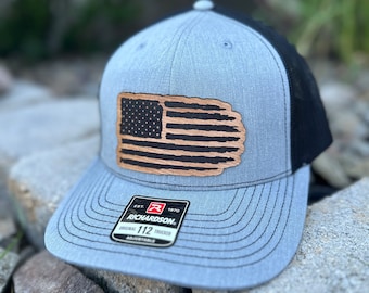 American Flag Hat | Engraved Leather Patch | Richardson 112 Hat | FlexFit L/XL | Patriotic | Freedom | Gift for Him | Men's Hats | USA Flag