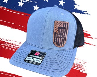 Disc Golf Leather Patch Hat | American Flag Trucker Cap | Richardson 112 | Disc Golf Gift for Him | Patriotic Hat | Father's Day Gift