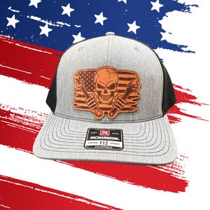 Mechanic Skull American Flag Leather Patch Richardson 112 Hat | FlexFit L/XL | Wrench | Blue Collar |