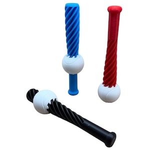 May include: Three colorful, 3D-printed objects with a baseball bat-like design. One is black, one is blue, and one is red. Each has a white ball-shaped center and a twisted, ridged handle. The handles are different colors.