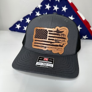 American Flag Sportsman Leather Patch Richardson 112 | FlexFit L/XL | Hat | Fishing | Hunting | Fly Fishing | Deer Hunting | Elk Hunting