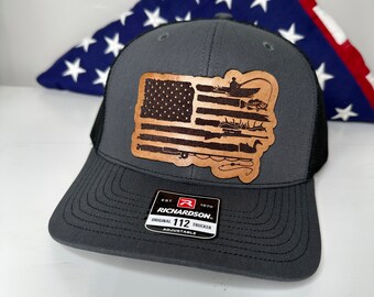 American Flag Sportsman Leather Patch Richardson 112 | FlexFit L/XL | Hat | Fishing | Hunting | Fly Fishing | Deer Hunting | Elk Hunting