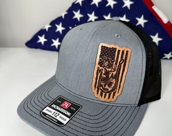 American Flag Sportsman for the Hunter and Fisherman Leather Patch Richardson 112 Hat | FlexFit L/XL | Sportsman | Hunting | Elk Hunting