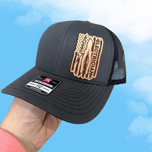 Electrician Hat | Blue Collar | American Flag|  Laser Engraved Leather Patch Hap | Gift for Him | Richardson Hat 112 Snapback | Patriotic