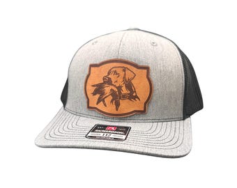 Dog and Bird Hunting Hat | Engraved Leather Patch | | FlexFit L/XL |  Hunting | Sportsman | Men's Hats | Duck Hunting | Gift for Him |