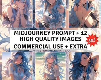Professional Midjourney Anime Girl blue hair Prompt - 12 High-Quality PNG's Summer Vibes - Midjourney AI Art, Fully and Rigorously Tested