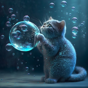 cute little blue cat playing with bubbles - Portrait - Wall Art - DIGITAL DOWNLOAD to print on poster or canvas as a gift.