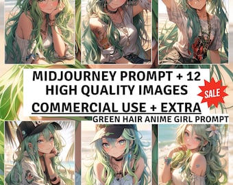 Professional Midjourney Anime Girl green hair Prompt - 12 High-Quality PNG's Summer Vibes - Midjourney AI Art, Fully and Rigorously Tested