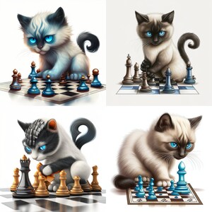 Könnte beinhalten: Vier Illustrationen von Katzen, die Schach spielen. Jede Katze ist einer anderen Rasse zugehörig und hat blaue Augen. Die Schachfiguren sind blau und weiß.