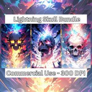 Könnte beinhalten: Ein digitales Kunstpaket mit drei Schädel-Illustrationen mit Blitz- und Feuereffekten. Die Schädel sind in verschiedenen Posen und haben unterschiedliche Farben. Der Text "Lightning Skull Bundle" und "Commercial Use - 300 DPI" befindet sich oben und unten im Bild.