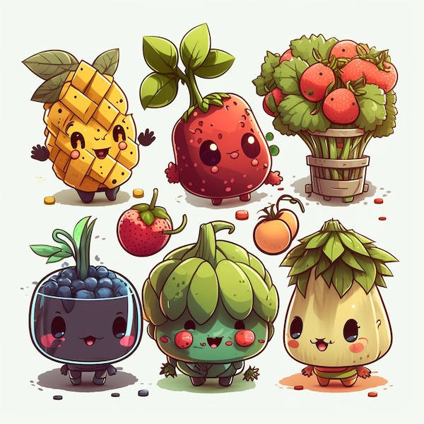 Cute Fruits DIGITAL DOWNLOAD Küchen-Grafiken, Vegetables, colorful, druckbare, Sticker,wall art, digitales Papier - cooking food, print