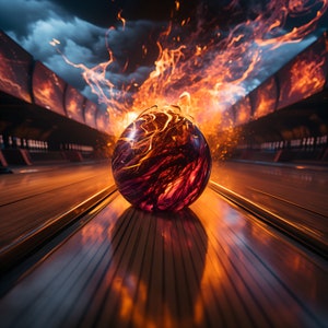 Puede incluir: Una bola de bolos roja y negra con un diseño de fuego rueda por una pista de bolos de madera.
