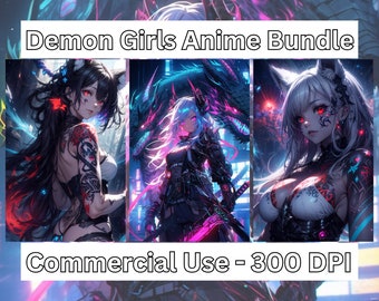 Anime Demon Girl Decor Bundle 2 - 3 Kawaii Characters - Anime - Manga - Cute - Demon - fantasy - For Commercial Use - Digital Download