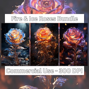 Ice and Fire Roses - 3 High Quality PNG&#39;s Set - floral and nature - Red, blue, purple - Digital Design Instant Download, Midjourney Prompt