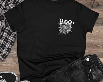 Boo graphic Halloween minimalist shirt /spiderweb semi fitted tee/pocket design shirt/halloween gift for her/holiday cotton shirt