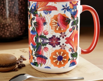 Spanish folk art floral Coffee Mugs/15 oz ceramic  Mexican printed Tea mug/X large bright mug/ Mexican Heritage gift for her