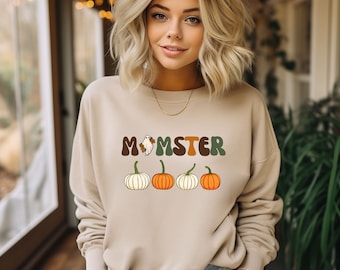 Funny MOMSTER graphic Halloween thanksgiving pumpkins sweatshirt/retro autumn oversize shirt /humor cute ghost pullover Gift for Mom