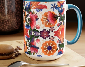 Mexican heritage folk art floral printed Coffee Mugs/xXLarge 15oz Tea mug/Spanish Heritage coffee mug/contrast colors mug/bold colorful mug